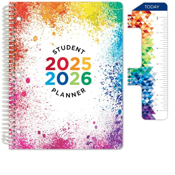 Global Datebooks 2025-2026 Elementary Student Planner 8.5x11 - Dated Weekly & Monthly Academic Planner (Large) with Ruler/Bookmark & Stickers, Ideal for Homework, Block Style, Paint Splatter