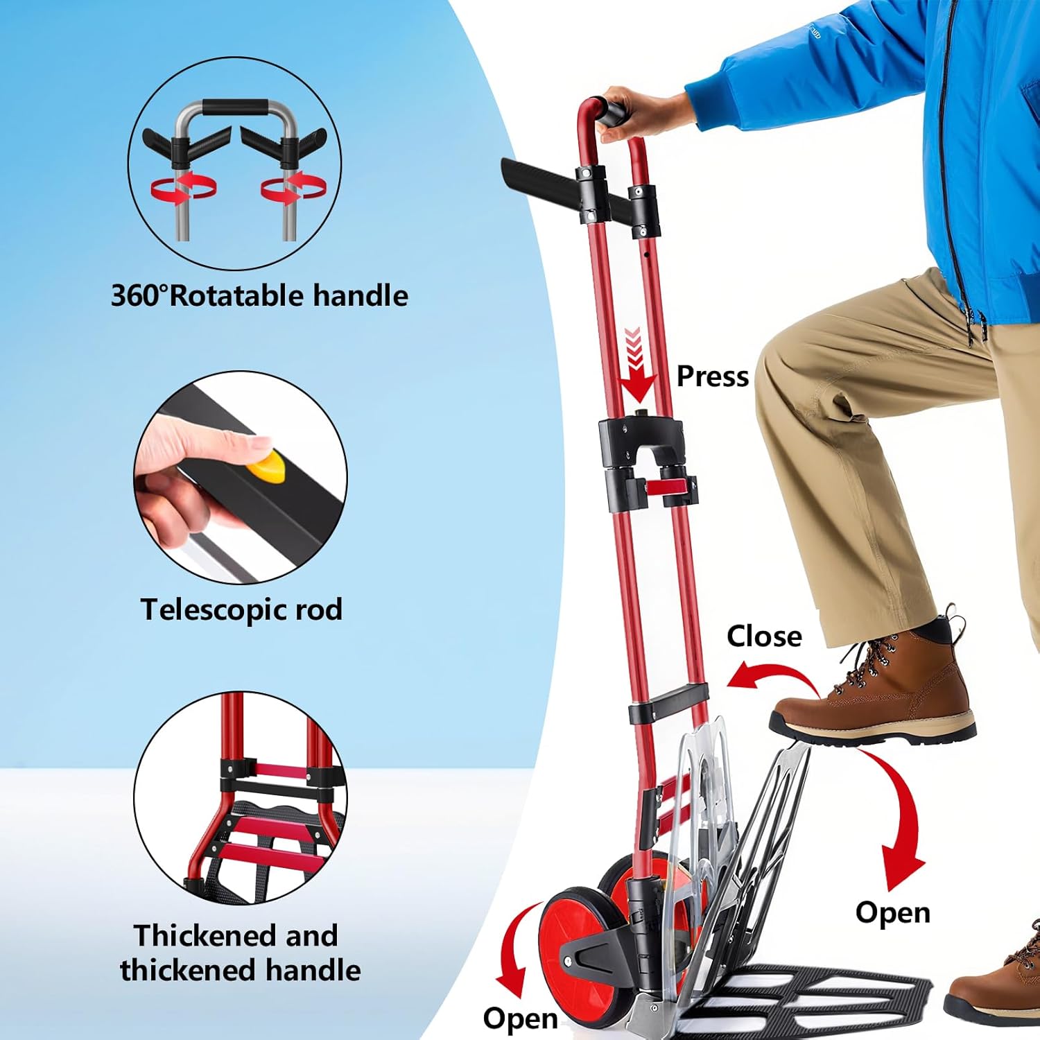 Dolly Cart with Wheels 330 lbs Capacity Folding Hand Truck Aluminum Lightweight Utility Cart Telescopic Handle Rubber Wheels No Assembly Required for Moving Shopping Office