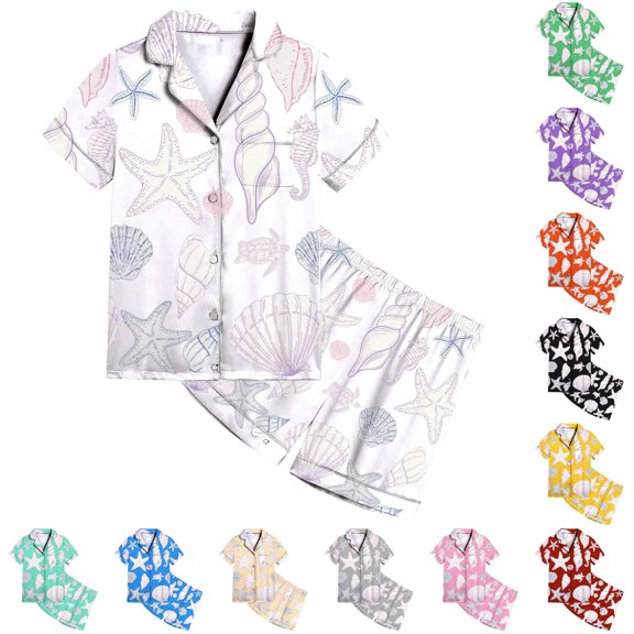 JAJAHO Girls Satin Pajama Sets Cute Ocean Animal Print Summer Sleepwear Short Sleeve Button Up Shirts And Shorts 2 Piece Set 2-13Y