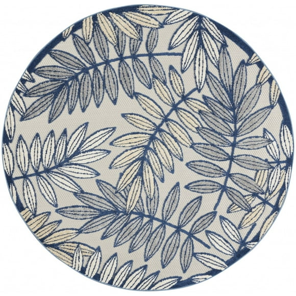 homeroots outdoor 384881 4’ Round Ivory and Navy Leaves Indoor Outdoor Area Rug