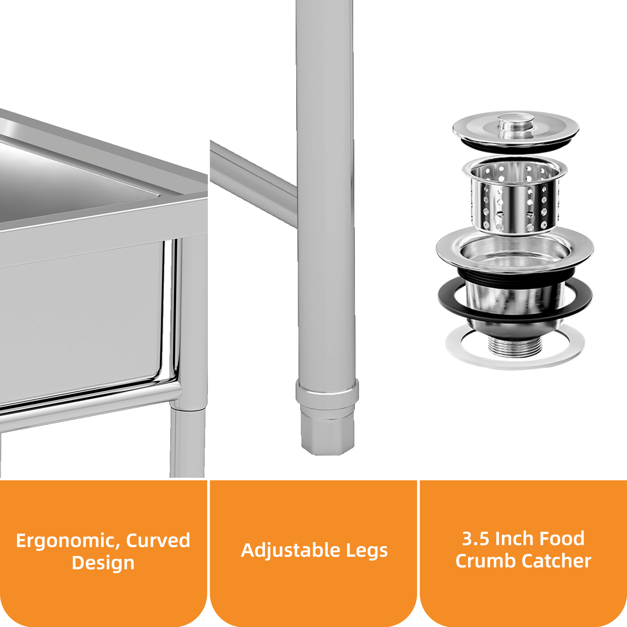 Craftian Stainless Steel Utility Sink with Single Water Tank & Drainage Pipe for Kitchen/Laundry/Garage, Silver