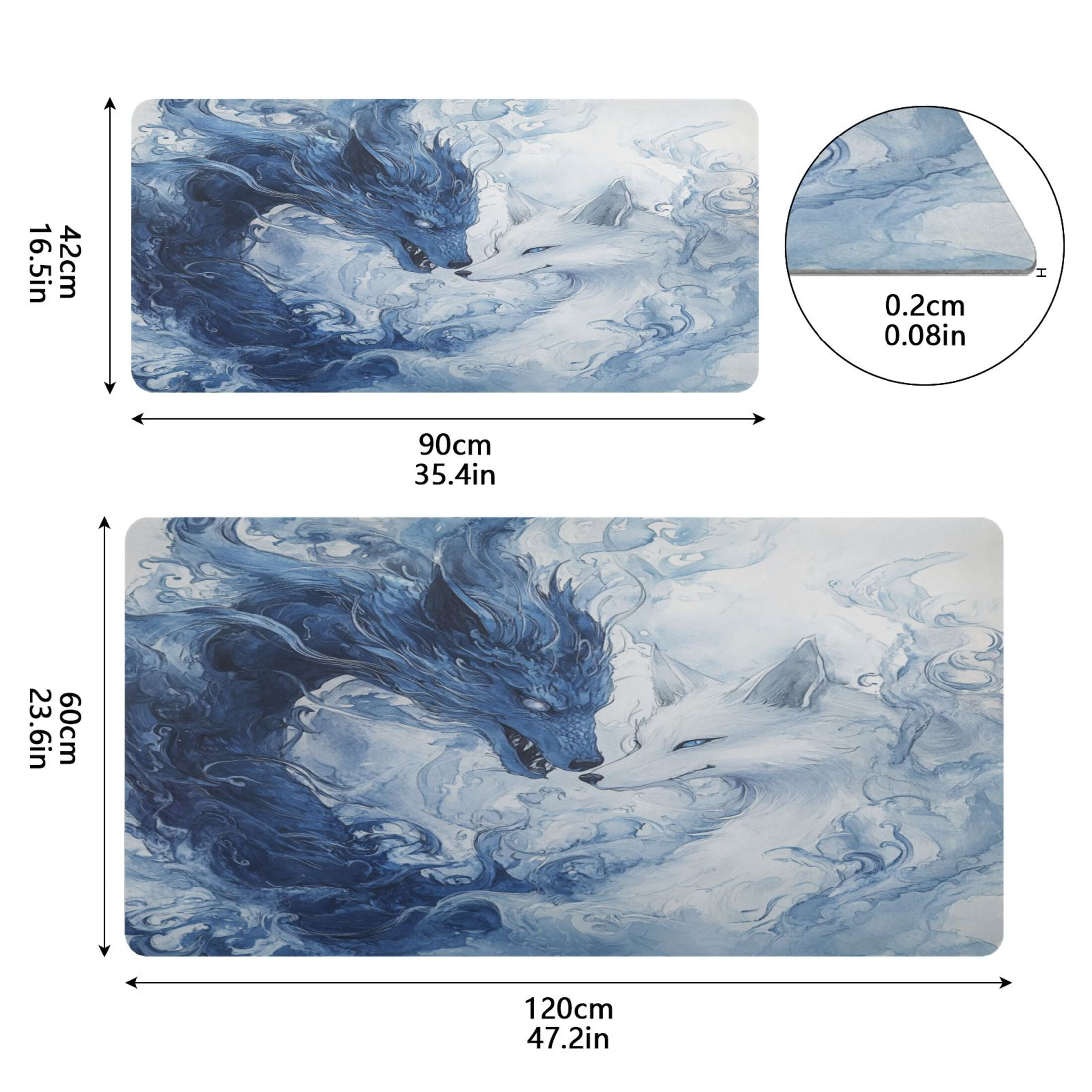 Wobogo Blue Dragon and Fox Gaming Mouse Pad Non-slip Leather Desk Mat Water Resist Keyboard Pad for Gamer Office 16.5×35.4in
