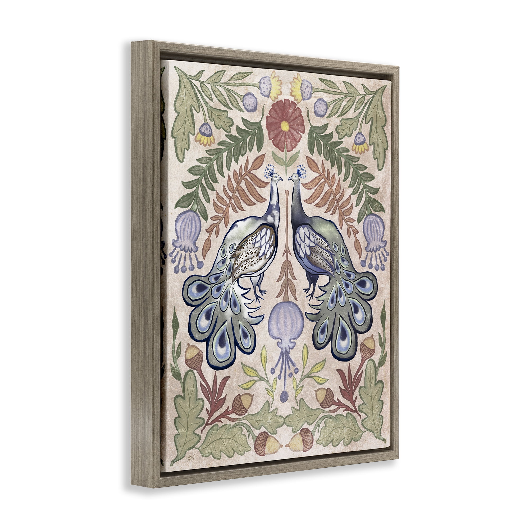 Stupell Industries Symmetrical Peacock & Flower Pattern Brown Framed Floater Canvas Wall Art, design by Elizabeth Medley