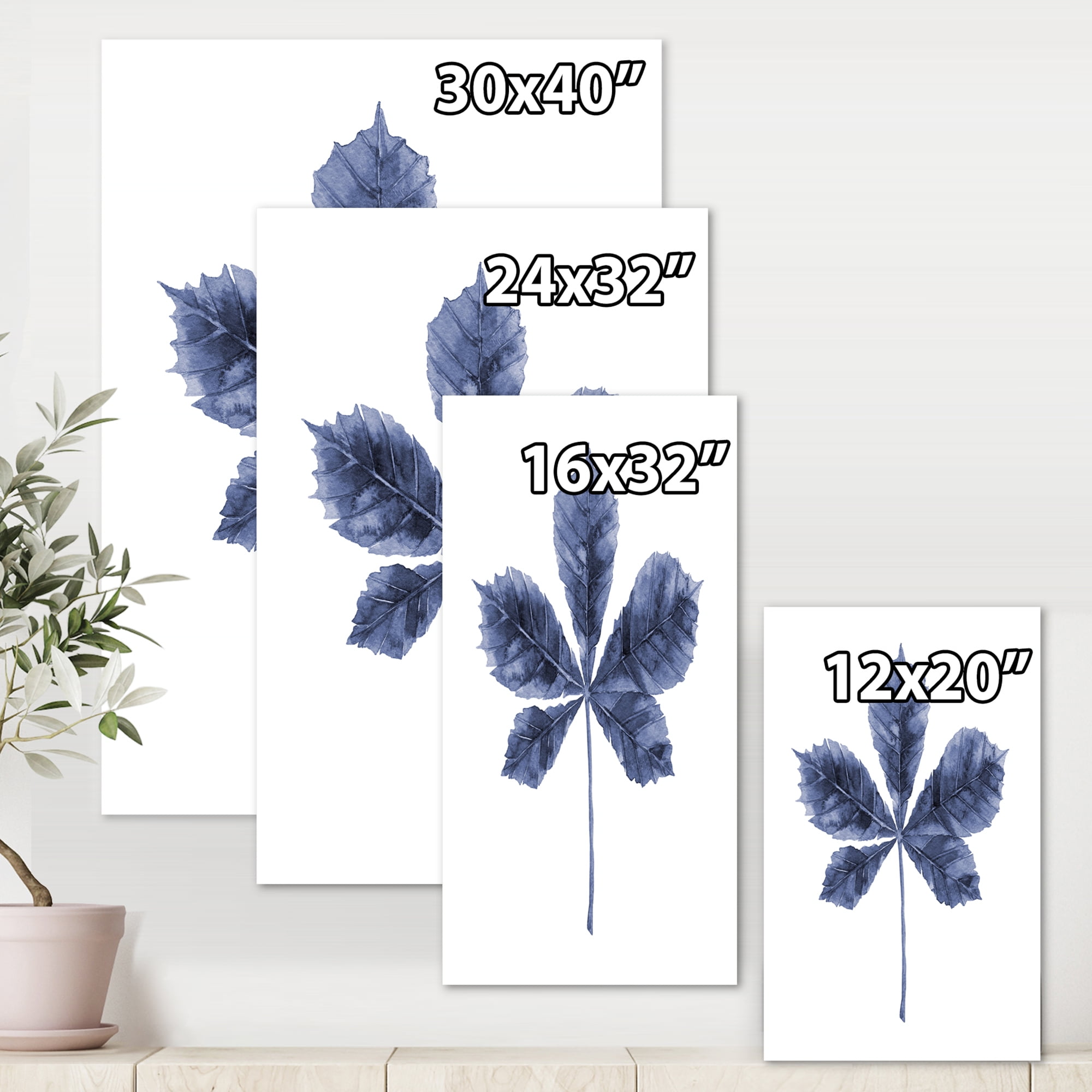 Designart ' Navy Blue Chestnut Leaf On White ' Traditional Canvas Wall Art Print