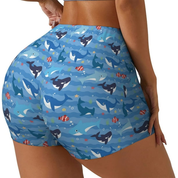 Fotbe Blue Fish Shorts Sin Costuras – Shorts Deportivos de Cintura Alta para Mujer, Elásticos para Gimnasio, Yoga, Running o Ciclismo-Medium