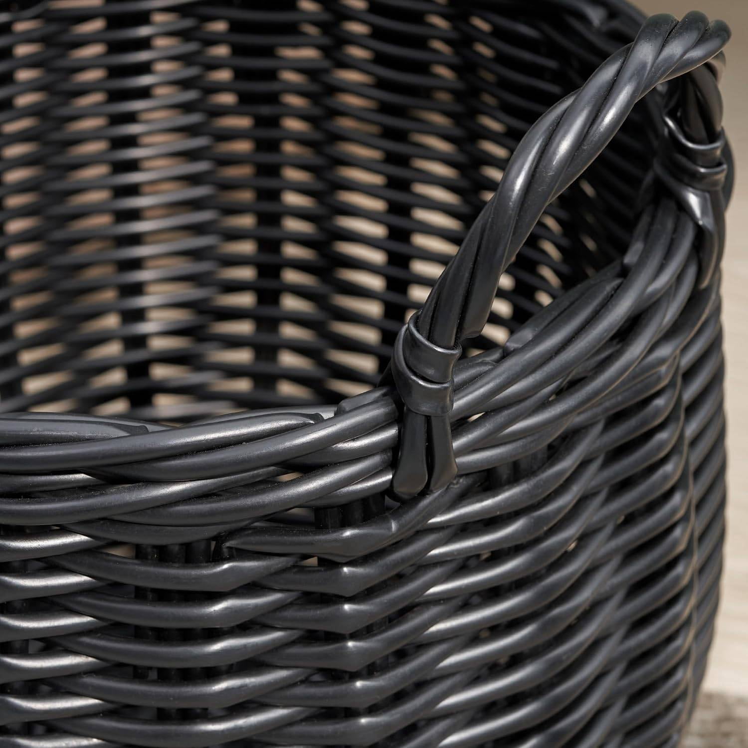 Isidore Round Resin Woven Basket with Handles | Multi-Purpose Organizer for Halloween & Thanksgiving Storage, Laundry, and More (13" x 13" x 10.2" - Black)