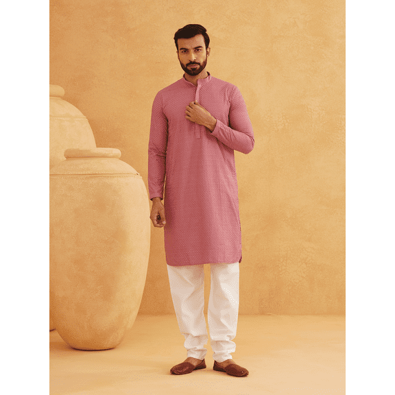 Sojanya (Since 1958 Men'S Geometric Embroidered Thread Work Cotton Straight Coral Long Kurta