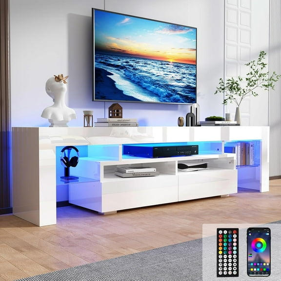 Uspeedy 70in TV Stand for 75/80 inch TV,Modern LED TV Stand for Living Room,Black TV Stand,High Gloss TV Entertainment Center with Storage Drawer,APP RGB Light,TV Console(71in White)