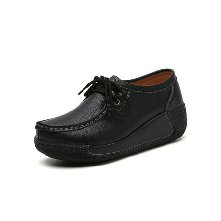 

Woobling Women Non Slip Flats Casual Leather Shoe Walking Lightweight Lace Up Boat Shoes Black 6.5