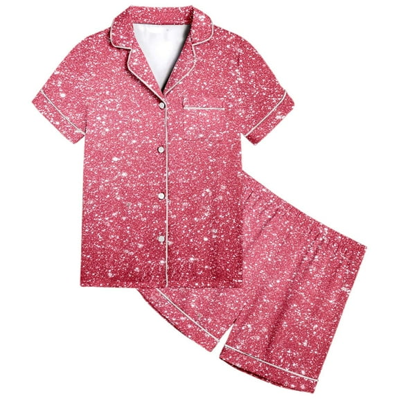 Tfken Sleepwear For Girls Kids Size 2 Years-3 Years Daily Wear Sequins Print Short Sleeve Short 2Pc Buttery-Soft Light Pink Outfits
