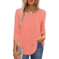 thumbnail image 4 of UVN Women Summer Blouses 3/4 Sleeves Loose Fit Shirts Ladies Pleated Crew Neck Tunic Tops, 4 of 10