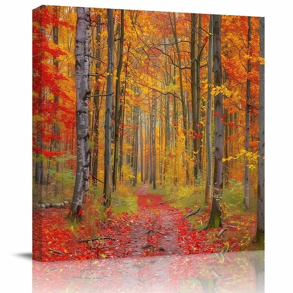Wall Art Prints, Red Orange Forest Fall Framed Canvas Prints for Bedroom Living Room Bathroom Office, Thanksgiving Tree Maple Leaf Gallery Wrap Wall Art Poster for Gifts Home Decor 12"x12"