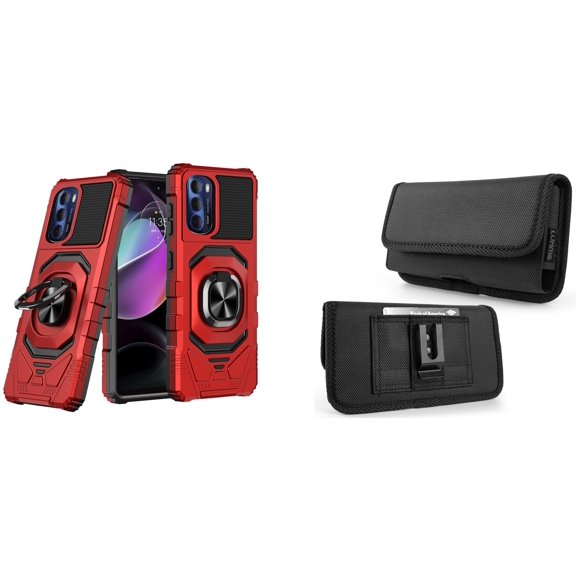 Case with Belt Holster Bundle for Moto G Stylus 5G 2022: Heavy Duty Shield Cover (Red) and Horizontal Rugged Nylon Phone Pouch