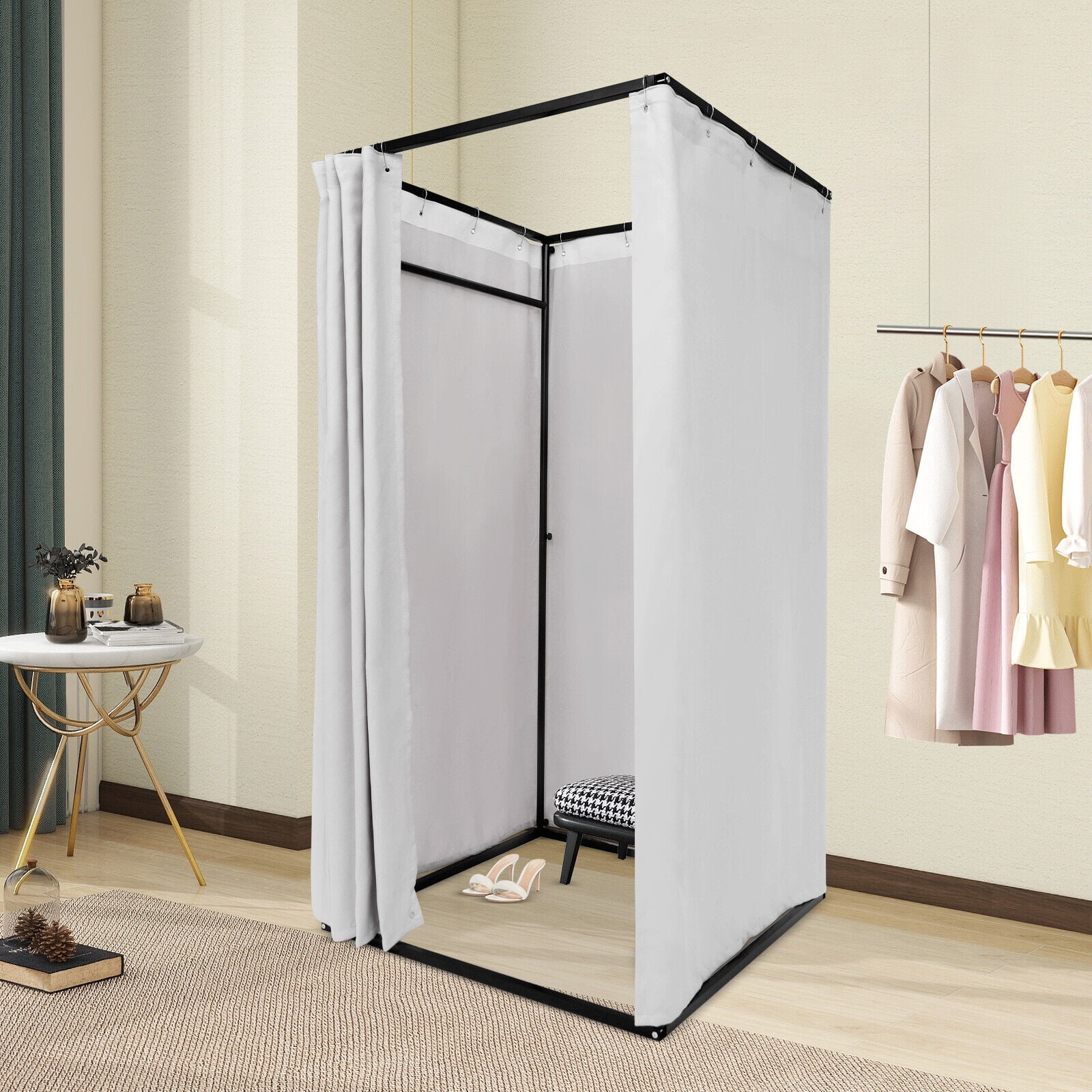 Portable Freestanding Fitting Room, Detachable Linen Curtain, 3-4 Person Capacity, for Clothing Store Fitting Room & Outdoor Locker Room (Grey)
