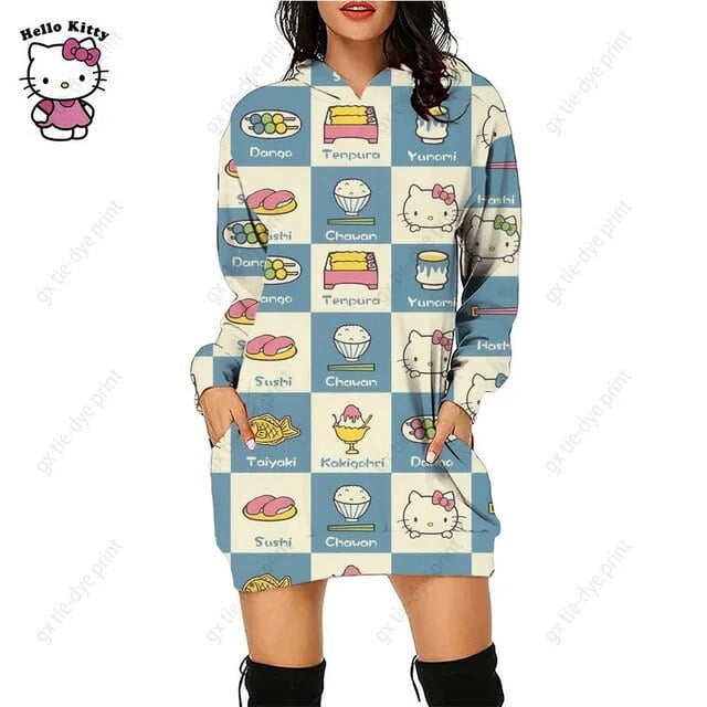 Nouveau Chandail à Capuchon Léopard Hello Kitty Femme Simple Col Rond Polyvalent Chandail Long Bureau Décontracté Ample Chandails à Capuchon Robe d'Automne