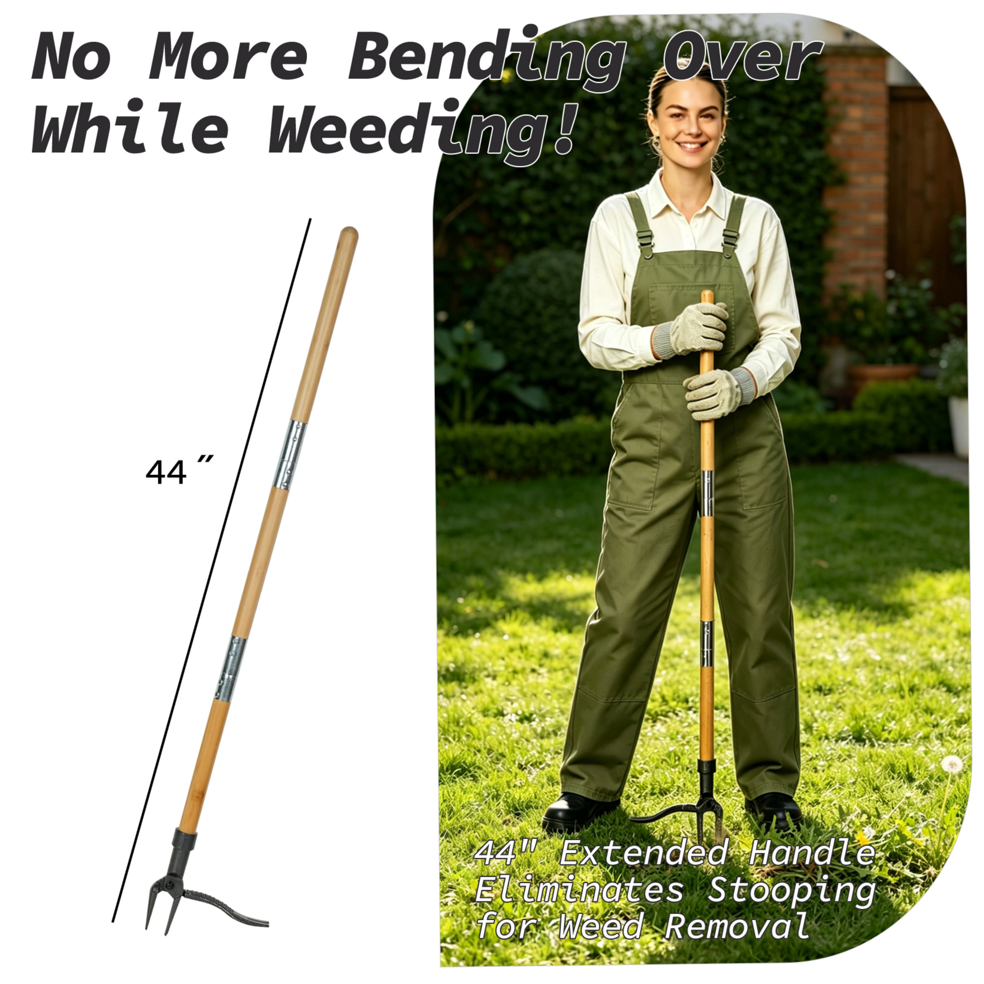 Ashfield & Harkness: Stand Up Weed Puller Tool - 44" Long, Bamboo Handle, 4-Claw Steel Head Root Remover, Step-In Foot Pedal, Lawn & Garden Accessory