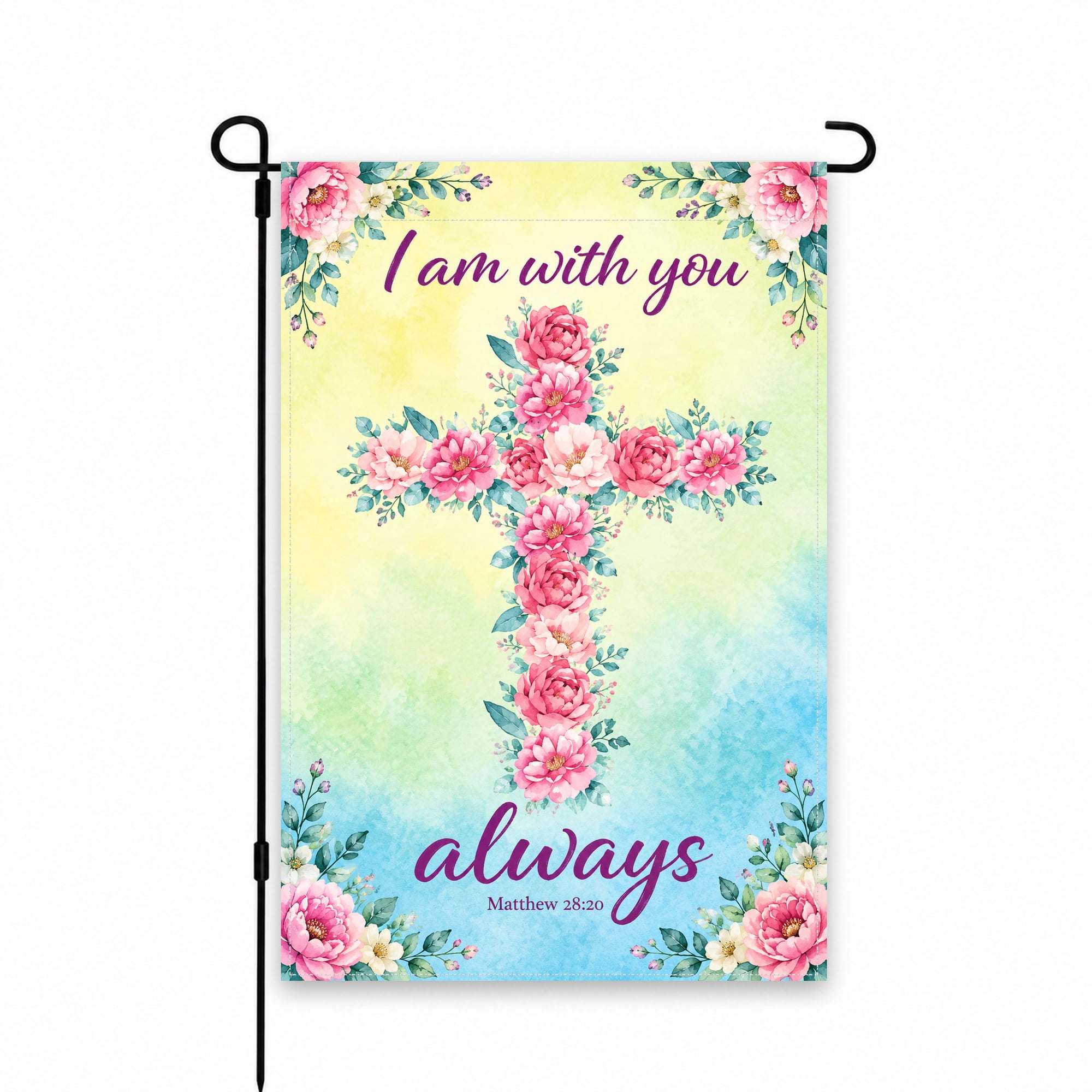 Floral Cross Garden Flag with Inspirational Message 12 x 18 Inch Pink and Blue Christian Yard Decor for Patio Porch or Garden Spring Outdoor Decoration