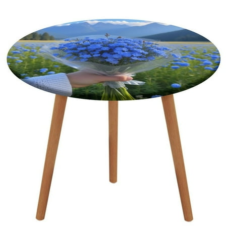 

Hand Holding Bouquet of Blue Flowers Pattern Round Tablecloth Waterproof Elastic Table Clothes for Dining Table Cute Desk Decor Protector Cover XL-60