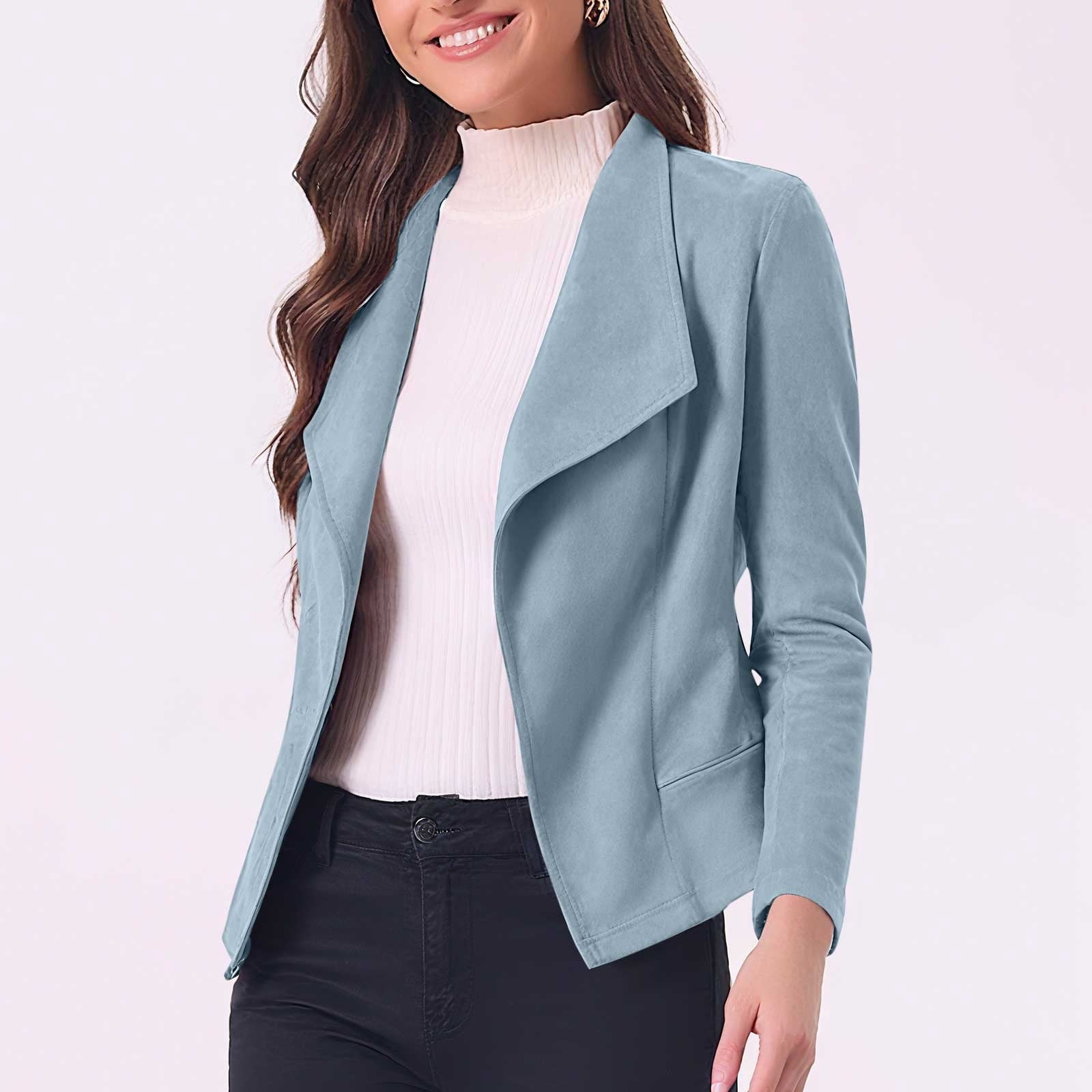 FAVIPT Womens Casual Jacket Faux Suede Lapel Solid Clothes Long Sleeve Cropped Coat Open Front Fall Winter Outfits Blue,XXL