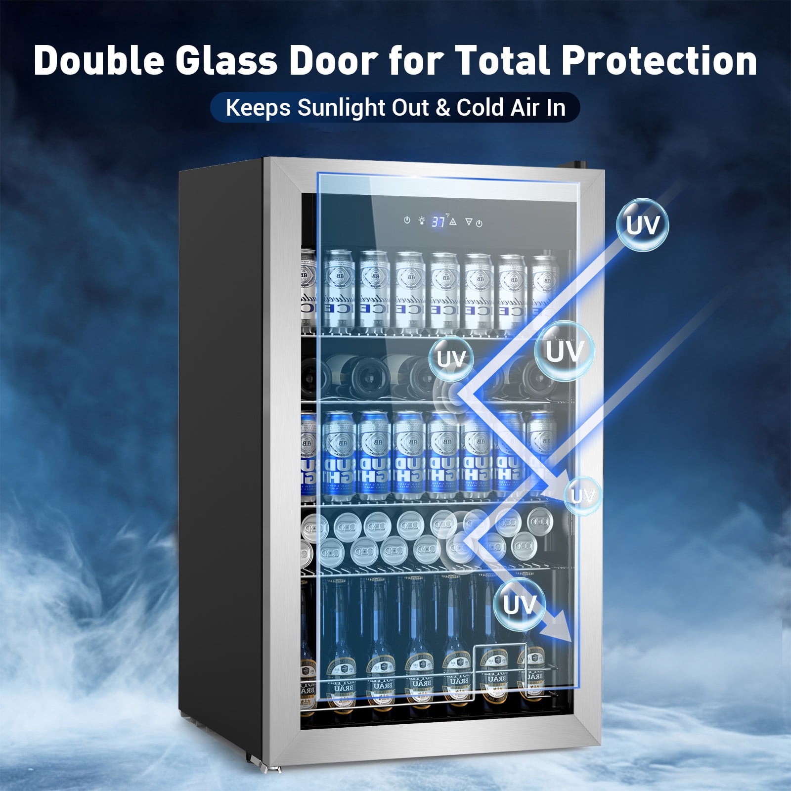 TITTLA Mini Fridge 150 Can Beverage Refrigerator and 9 bottles,with Adjustable Removable Shelves Glass Door, for Soda Wine Beer ,Silver