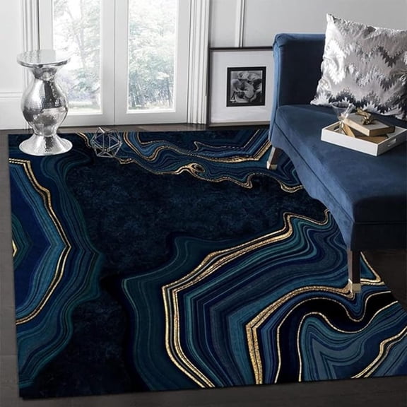 Black Gold Marble Area Rug, Luxurious Navy Blue Texture Washable Carpet, With Non-Slip Backing Large Rugs For Living Room Bedroom Dining Room Office 4x6ft