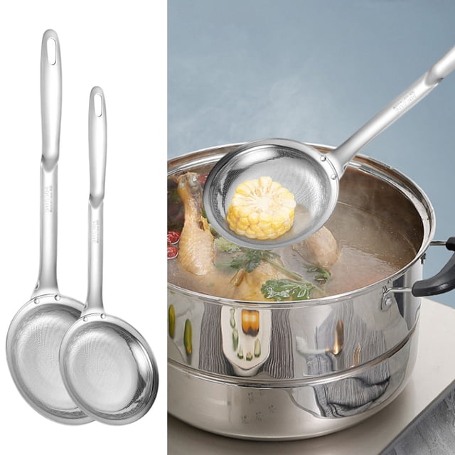 Fine Mesh Stainless Steel Colander Spoon Set | 304 Food Grade Strainer Skimmer with Thick Handle | Extra Fine Mesh for Oil Foam Grease Separator | 2 Pack Large & Small for Draining Sifting Cooking
