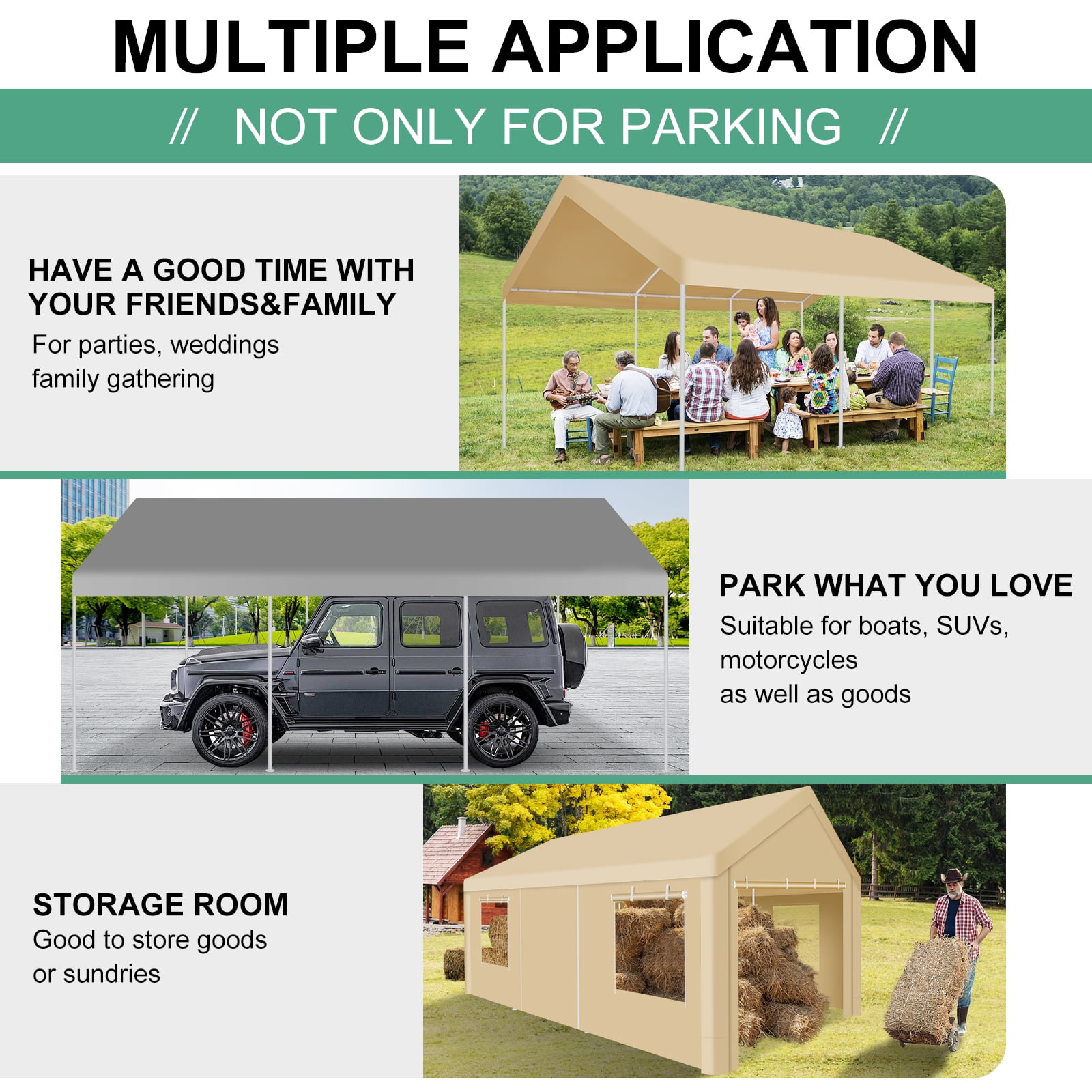 COBIZI 12x20ft Carport Heavy Duty, Portable Car Garage with Built-in Sandbags, Waterproof Car Canopy for Truck, Boat, SUV with All-season Tarp, Khaki