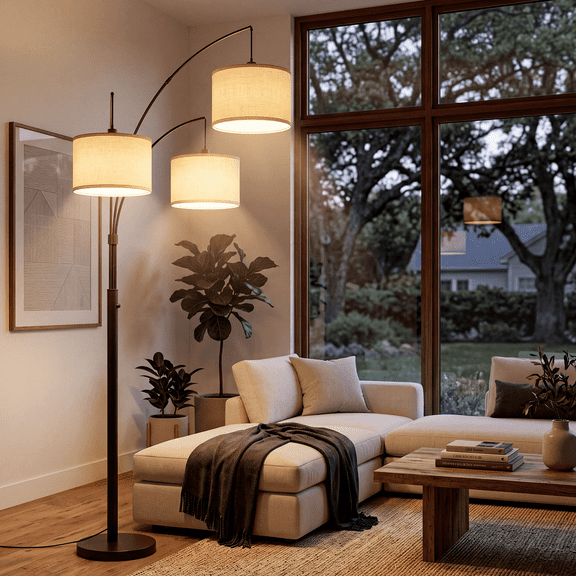 3-Light Arc Floor Lamp, 80" Tall 10%-100% Dimmable Standing Lamp with 3 Warm LED Bulbs, 11LB Base and Linen Shades for Living Room, Bedroom, Office