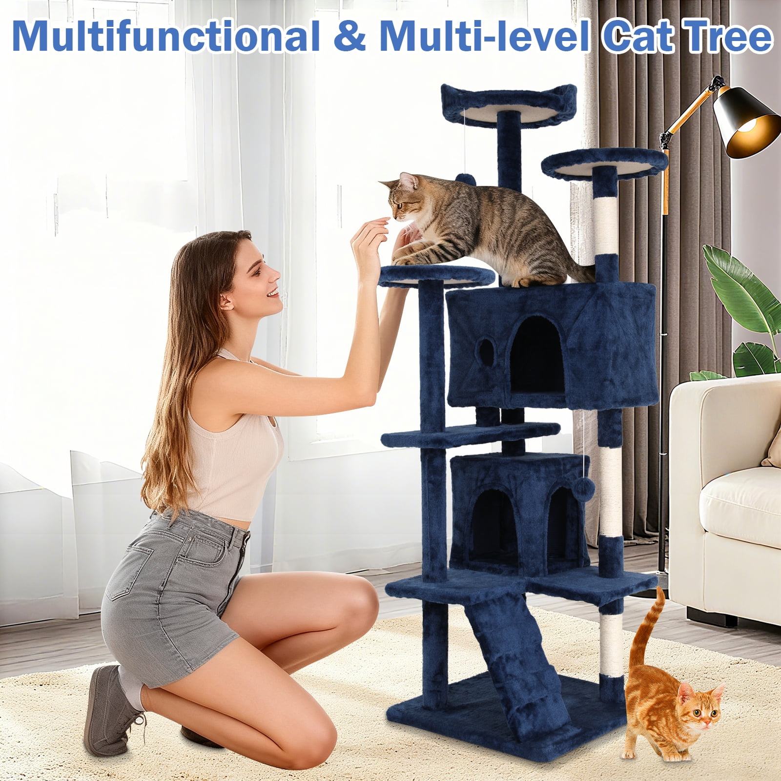 Dkelincs 70" Large Cat Tree Tower Multi-Level Cat Condo Pet Play House with Scratching Post & Hanging Toy for Indoor Cats, Navy Blue