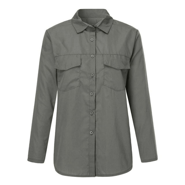 Chemise Décontractée pour Femmes, Unie, à Manches Longues, Col Rabattu, avec Poches, Boutonnée devant