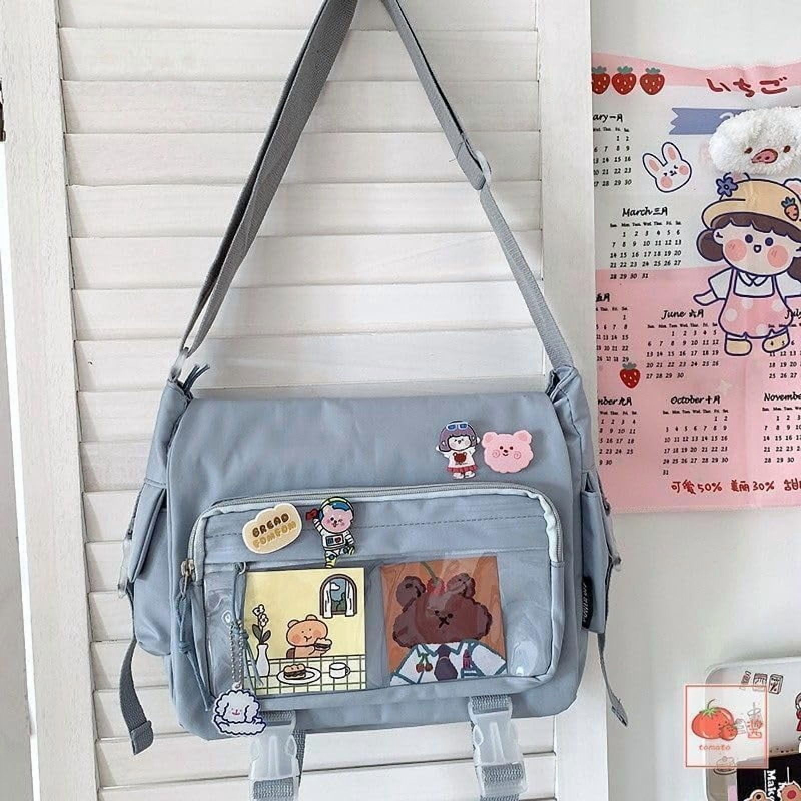 Kwuty Kawaii Crossbody Ita Bag for Women with Pin & Plush Bear - Japanese Messenger Bags Y2K Shoulder Purse（Blue）