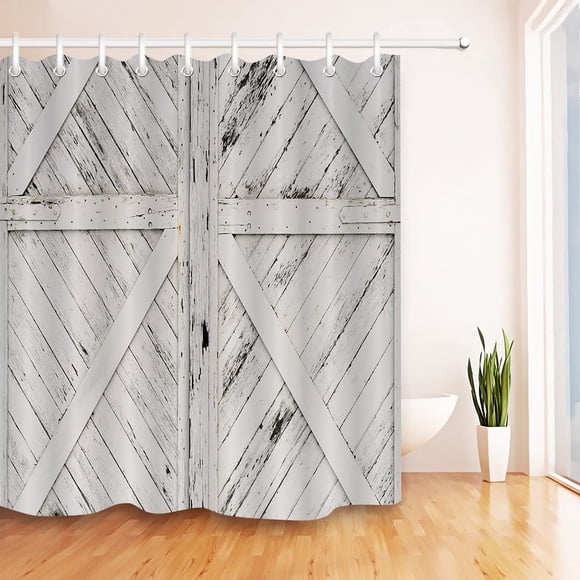 LB Farmhouse Shower Curtain Rustic Old Wooden Doors Shower Curtain Vintage White Painted Barn Wood Door Bath Curtains Fabric Shower Curtain for Bathroom 12PCS Hooks 72X72 inch