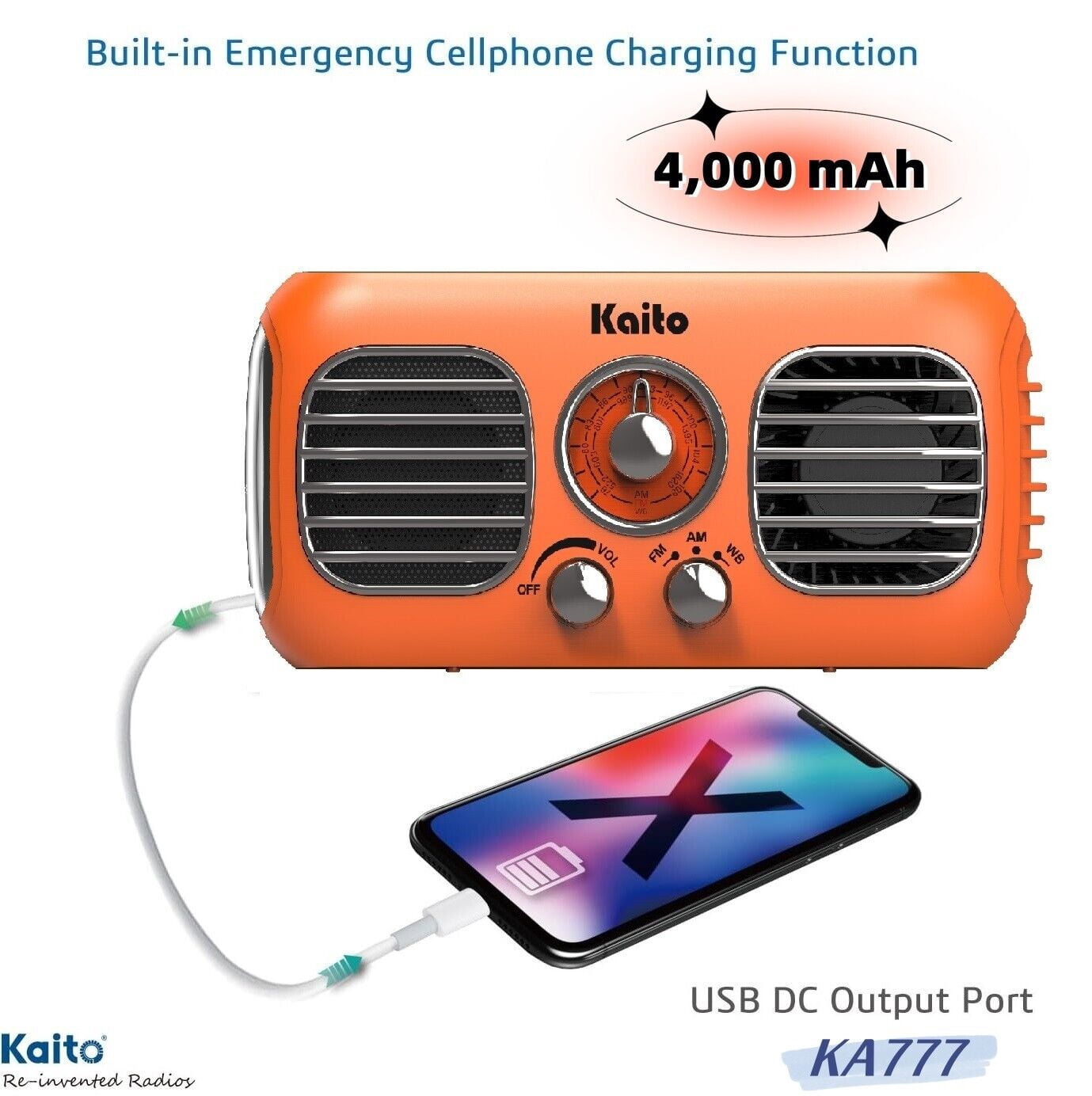 Kaito KA777 AM FM NOAA Weather Emergency Radio with Fan and Flashlight - Orange