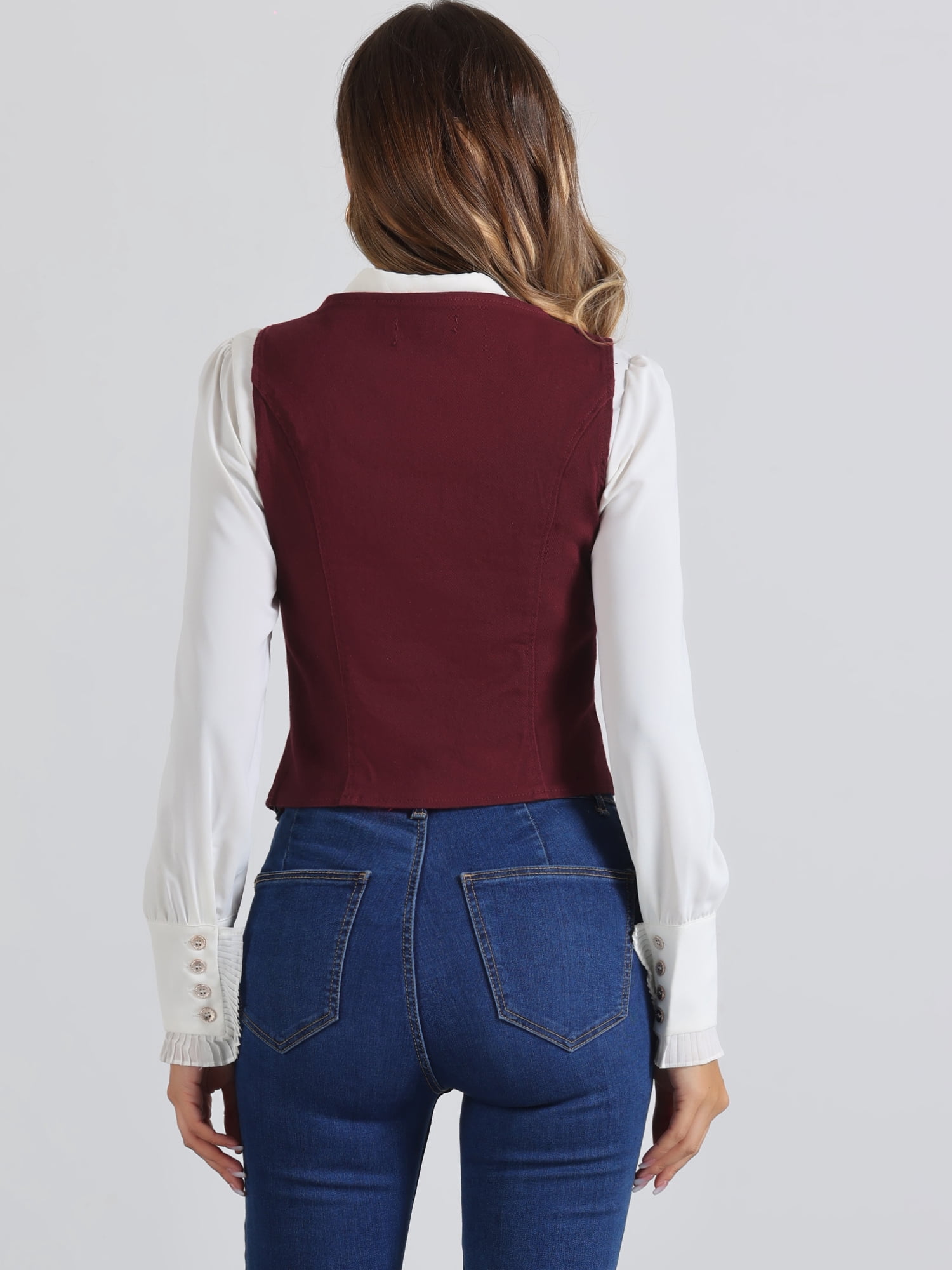 DARING DIVA Women's Sleeveless V Neck Casual Waistcoat Vest Jacket S Wine Red