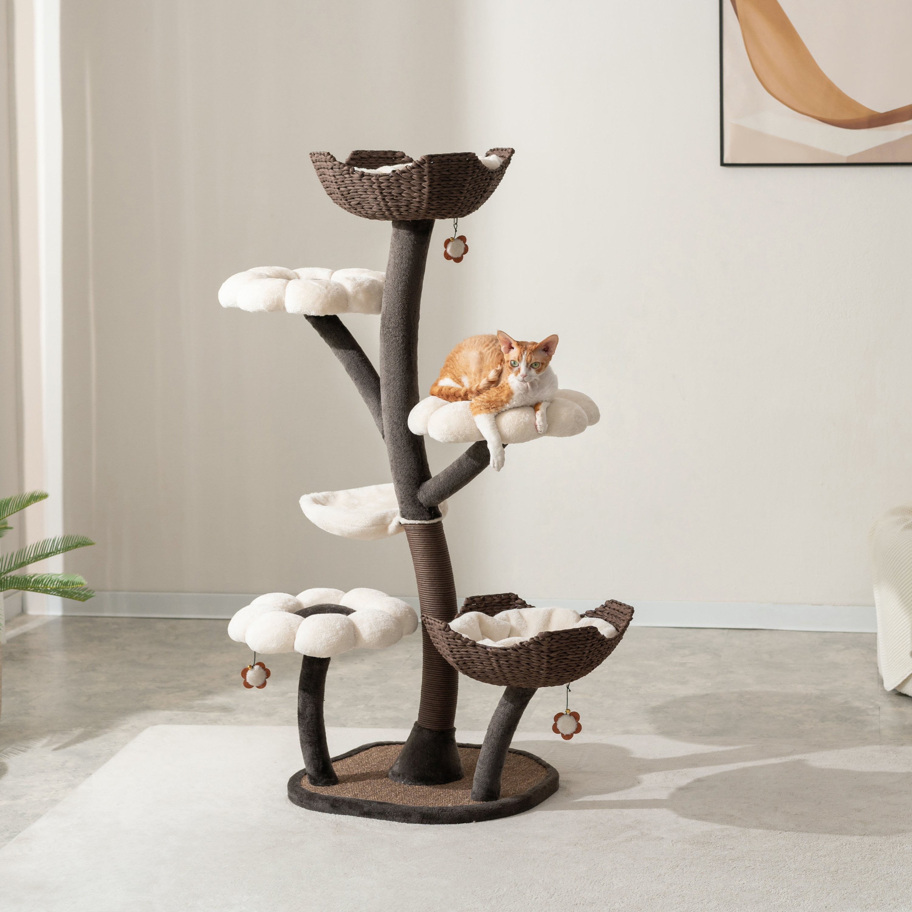 Catry Kitty Play Tower 6-Level Multi-Activity Cat Tree with Flower Perches and Handwoven Baskets