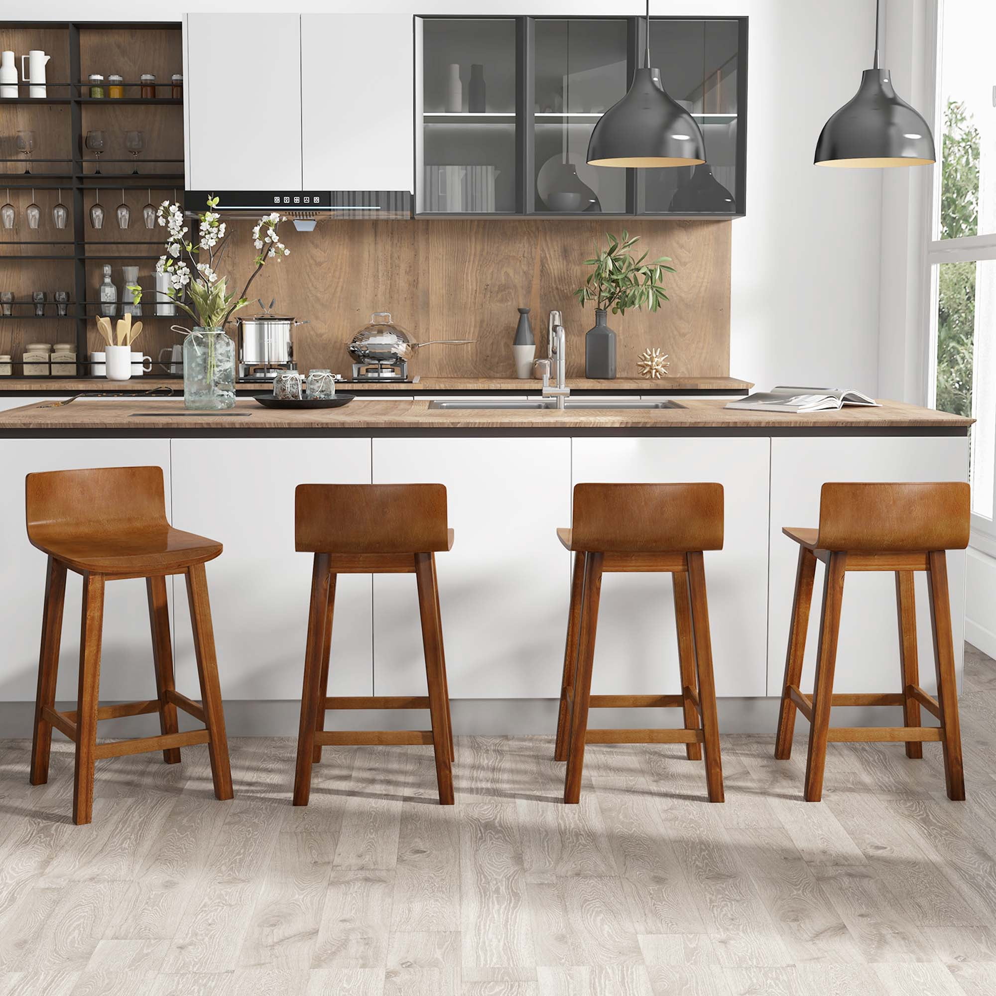 Costway 24.5" Wood Bar Stools Set of 2 with Solid Back & Seat Mid Century Bar Chairs Brown