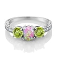 thumbnail image 2 of Gem Stone King 925 Sterling Silver Oval Cabochon Pink Simulated Opal Green Peridot and Moissanite Ring for Women (1.85 Cttw, Gemstone Birthstone, Size 6), 2 of 4