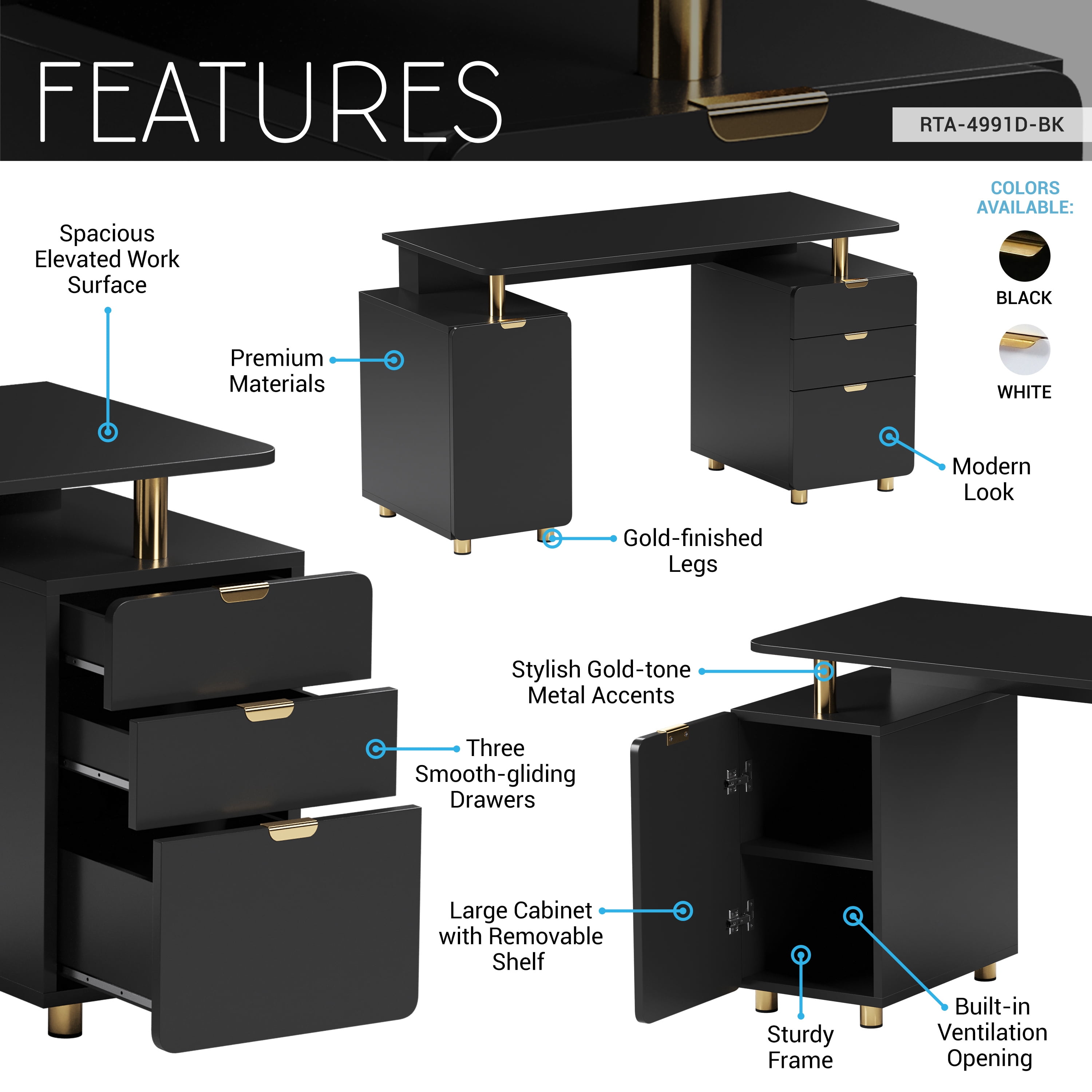 56.75" W Elegant Executive Desk with 3 Drawers and Storage Cabinet, Modern Office Desk with Gold Accents, Floating Work Surface, Closed Storage with Ventilation & Adjustable Shelf, Black & Gold