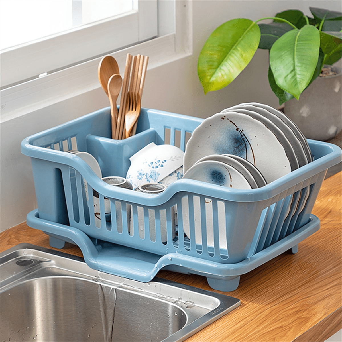 Dish Drying Rack-Dish Rack with Auto-Drain Organizer Rack Dish Rack and Drainaboard Set for Kitchen Counter Restaurant C