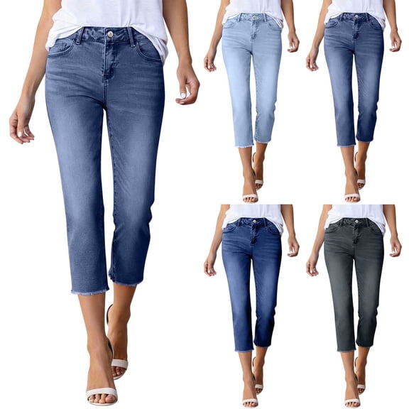 Lovzfmll Cropped Pants for Women, High Waist Stretch Denim with Pocket, Relaxed Fit Pants Dark Blue, S