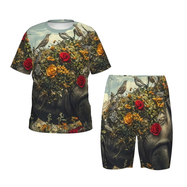Balery Floral Rhino With Birds Conjunto de Pijama Infantil de Manga Corta con Estampado – Ropa de Dormir de Algodón Suave-Large
