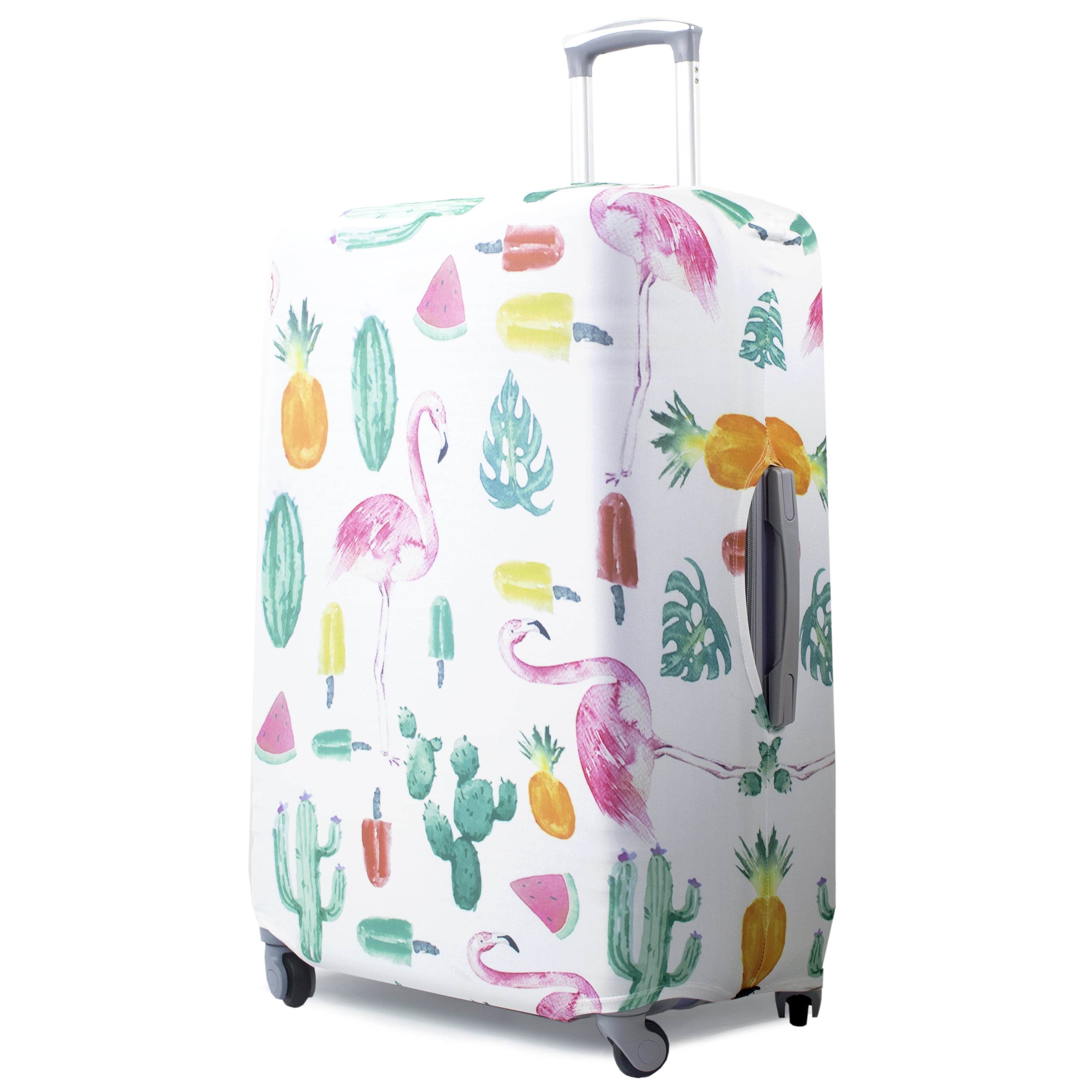 Elastic Travel Luggage Cover Floral Tropical Pink Flamingoes Blue Stripes Suitcase Protector for 18-20 Inch Luggage 