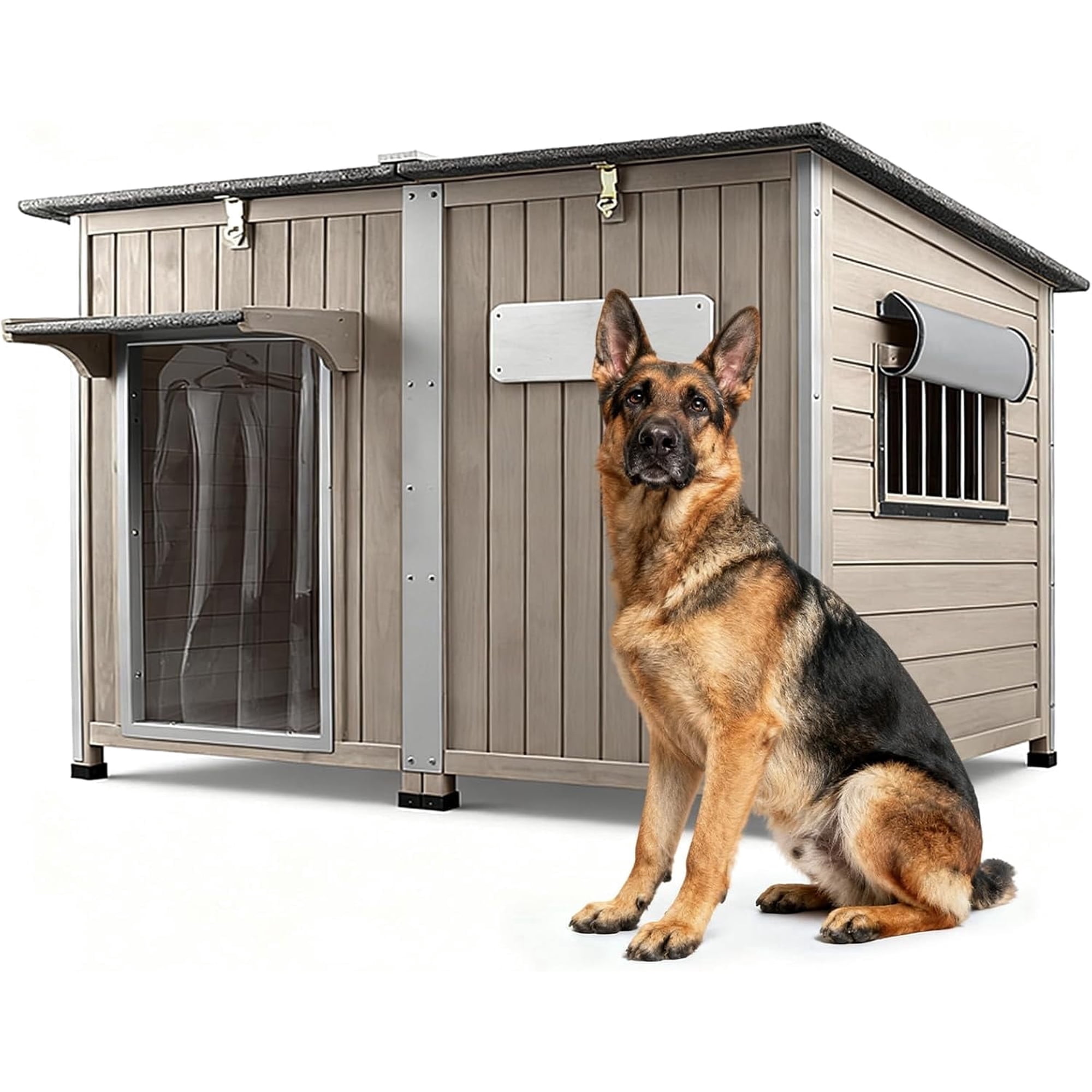 PETSCOSSET 55-Inch Outdoor Dog House Wooden Weatherproof with Asphalt Roof for Large Dogs