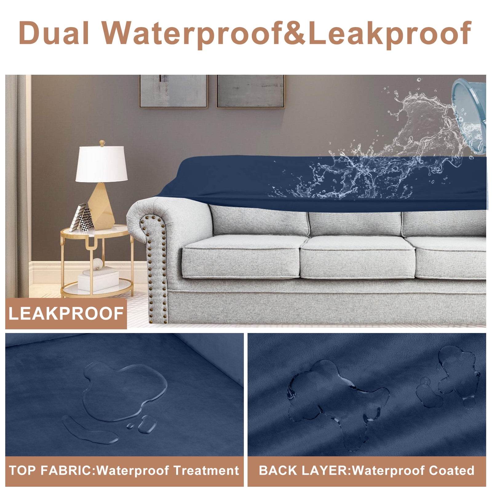 SANMADROLA 100% Waterproof Couch Covers Velvet Stretch Slipcover for 3 Cushion Sofa Cover Non Slip Leakproof Washable Furniture Protector for Kids Dogs Cats Pets