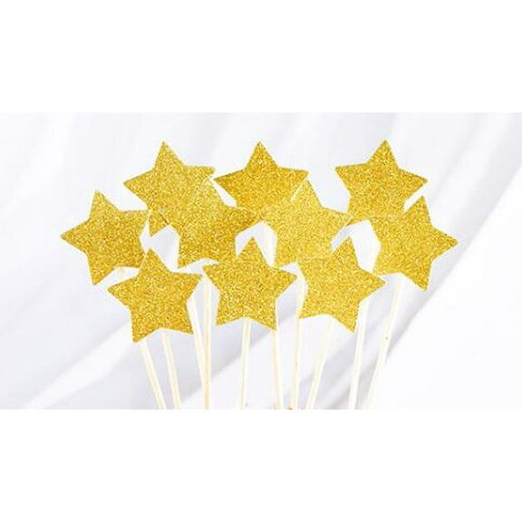 HEMOTON Golden Glitter Star Cupcake Toppers for Birthday Wedding Party Decorations with Bamboo Sticks 30 Pieces