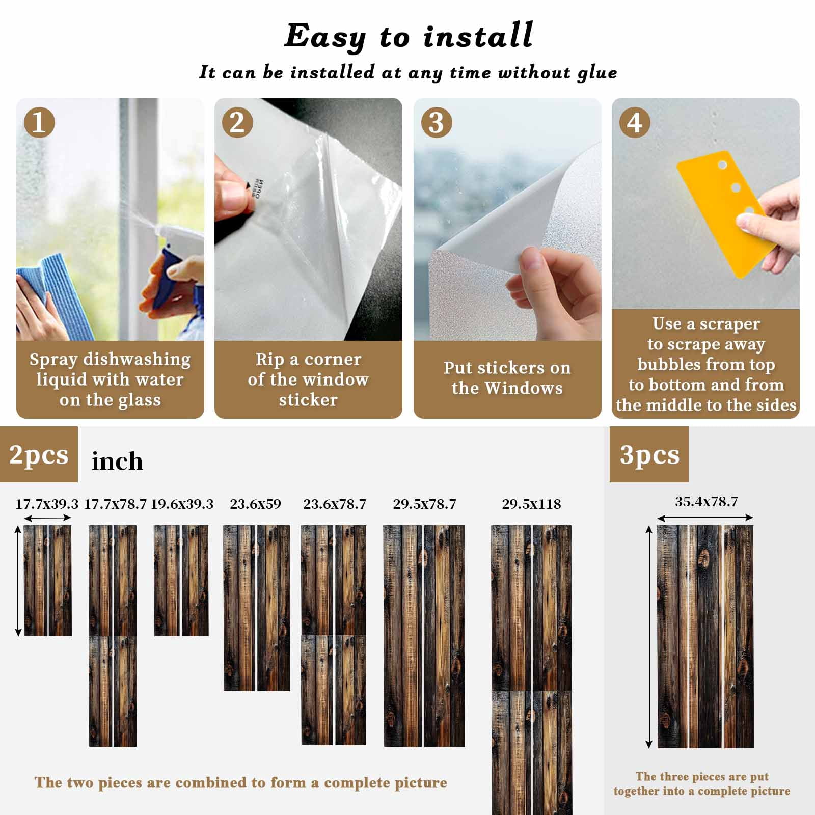Black Brown Board Window Privacy Film, Vintage Chic Shabby Wooden Grain Static Cling UV Sun Blocking Heat Control Window Tint Day and Night, Non-Adhesive One Way Windows Privacy Cover 23.6''x59''