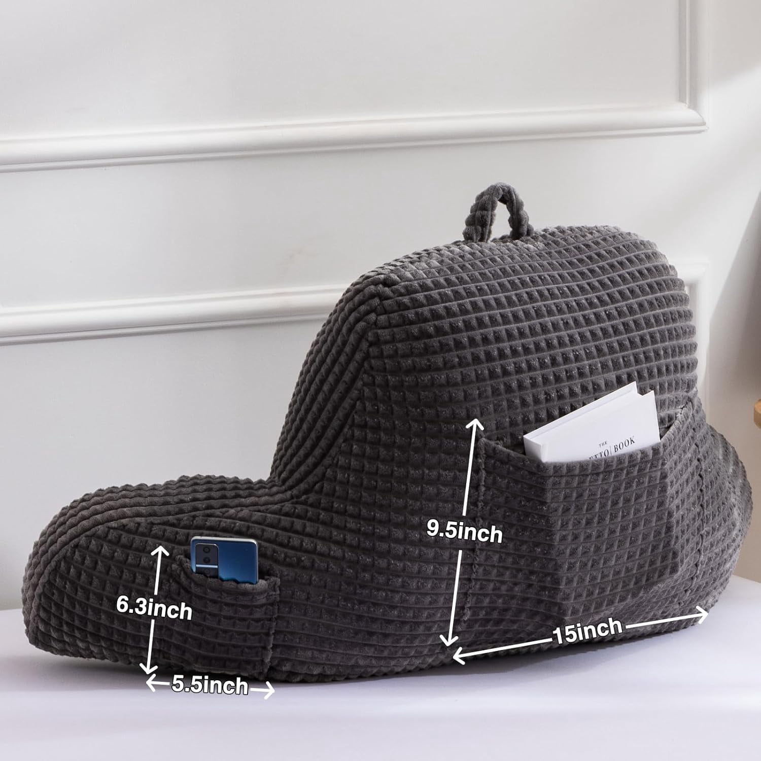 Reading Pillow Bed Wedge Large Adult Children Backrest with Arms Back Support for Sitting Up in Bed/Couch for Lounging Bedrest,Waffle Stereoscopic Design,Darkgrey