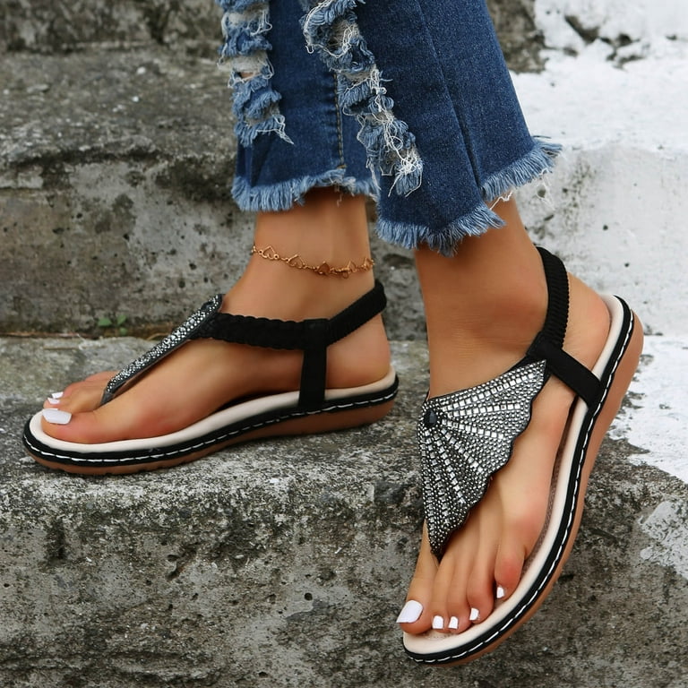 Zpanxa Womens Sandals Casual Rhinestone Flip Flop Flat Ladies Sandals Wedge  Sandals for Women Black 38 