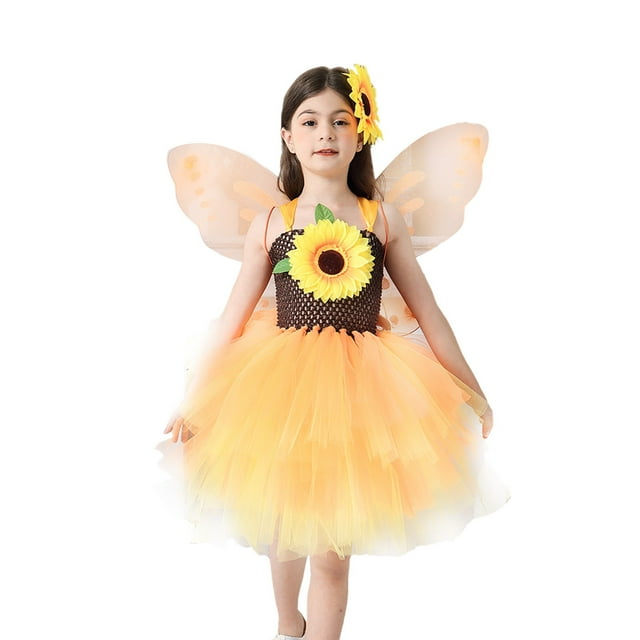 HABDGIKS Girls Outfits Set Vacation Cartoon Sunflower Rabbit Egg Headband Dress Sweet Role Playing Stage Performance Three Piece Party Clothes