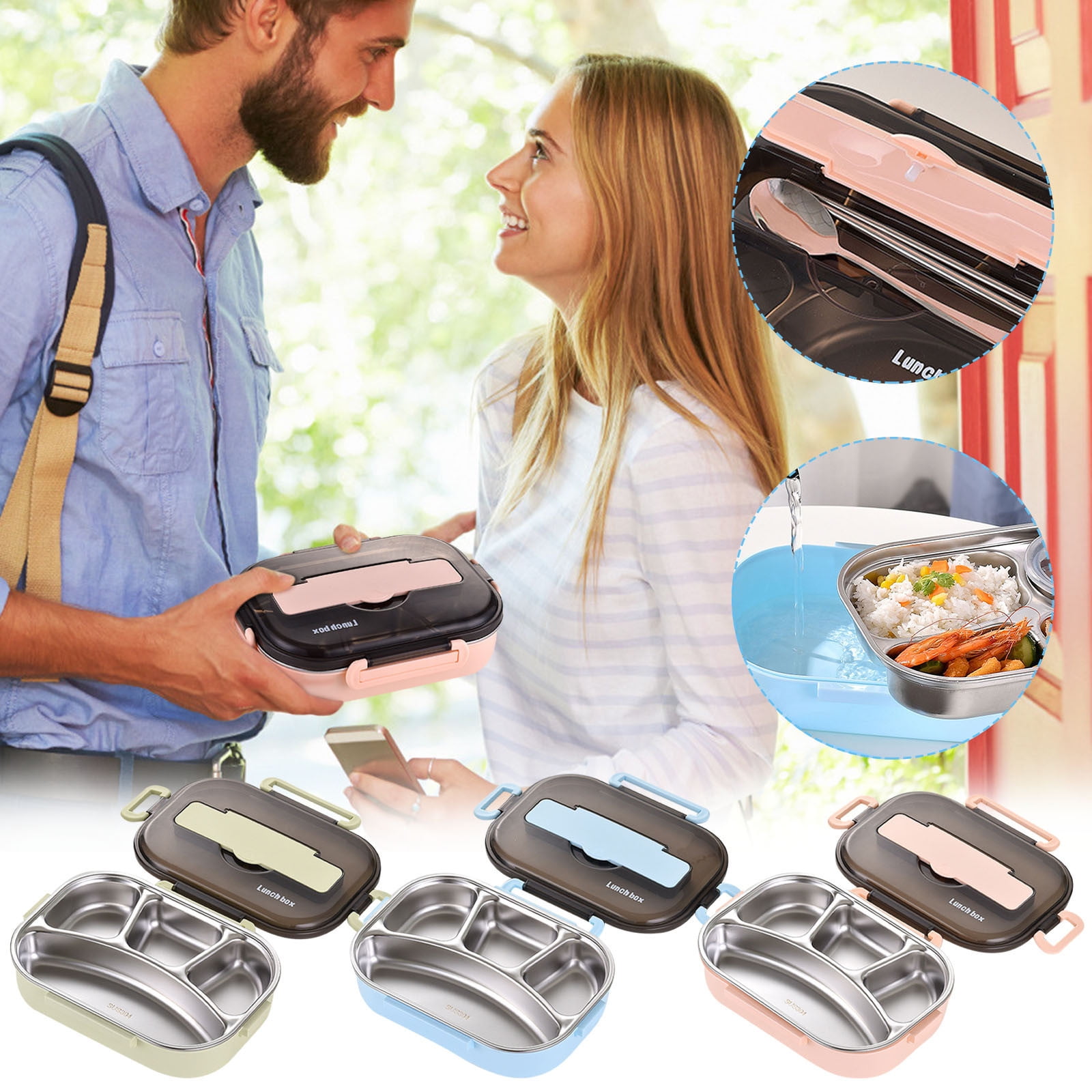 Kugisaki Stainless Steel Bento Box 4 Compartments Leak Proof Metal Bento Lunch Box, 304 Stainless Steel Bento Lunch Containers for and Office